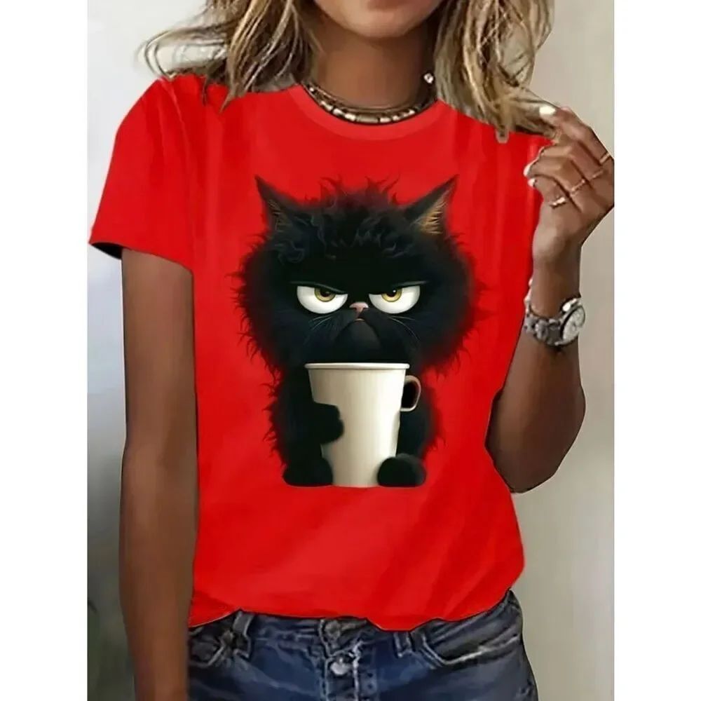NWT Gorgeous 2XL Red Angry Black Cat Drinking Coffee Print Short Sleeve T Shirt